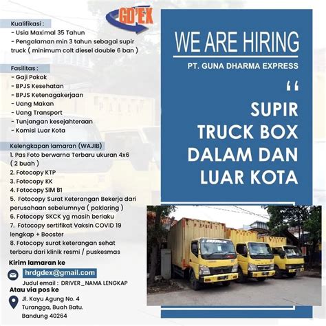 Loker supir truk colt diesel gaji 4jt Ada perusahaan yang sedang membuka kesempatan lowongan kerja Supir,pribadi Rumah Tangga, Sopir, Helper, Staf Administrasi Logistik dan banyak lagi di daerah Jakarta melalui Indeed